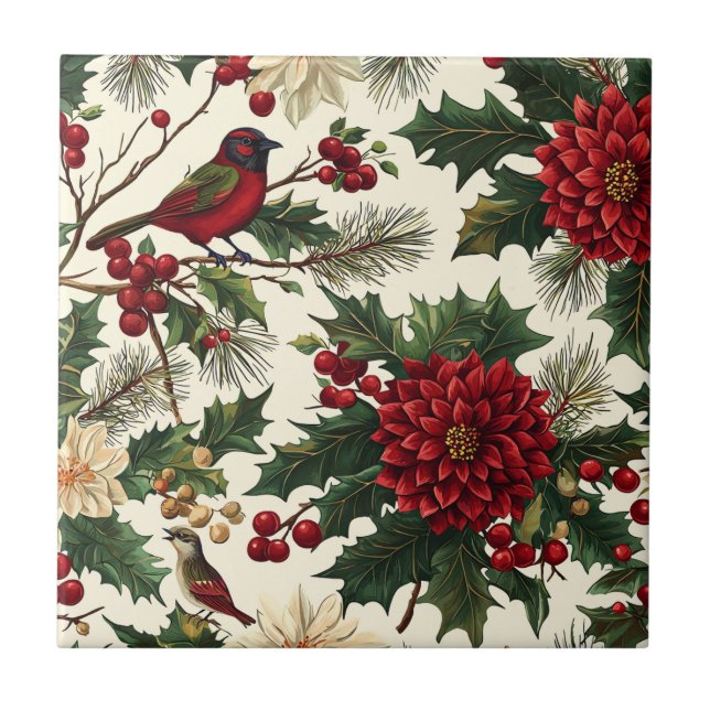 Azulejo Patrón Rústico de Navidades de aves y poinsettia ( (Frente)