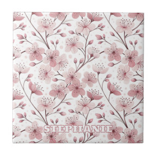 Azulejo Patrón Sakura de flores de cerezo rosa en blanco (