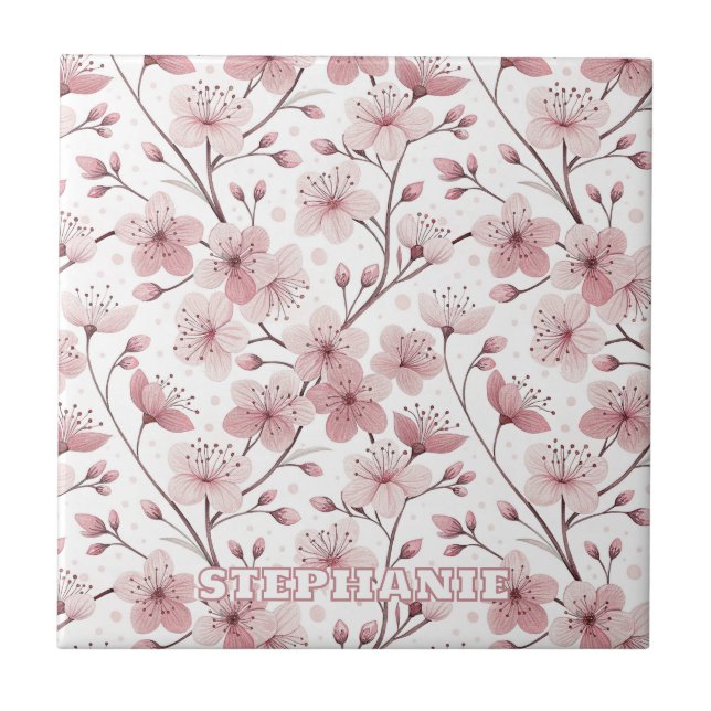 Azulejo Patrón Sakura de flores de cerezo rosa en blanco ( (Frente)