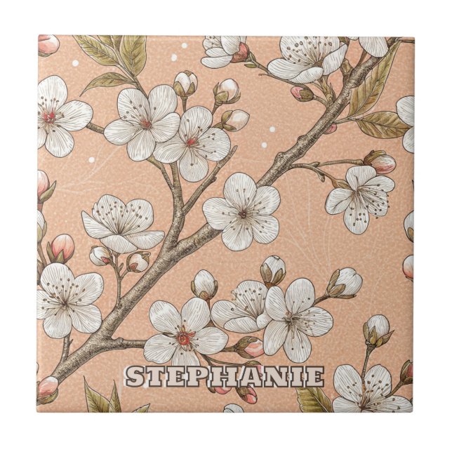 Azulejo Patrón Sakura de flores de cerezo rosa sobre rosa  (Frente)