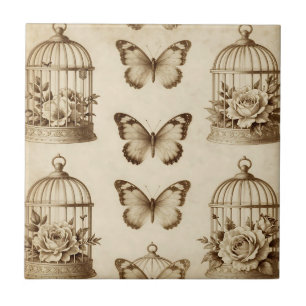 Azulejo Patrón Sepia de Rosa Mariposa Jaula de Pájaro Vint