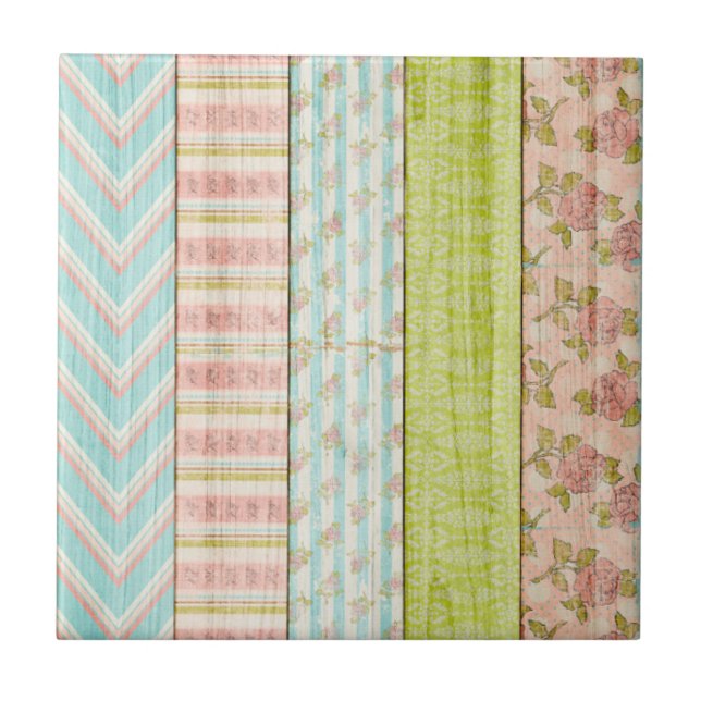 Azulejo Patrón Shabby Rosa Pastel en cabaña de madera rúst (Frente)