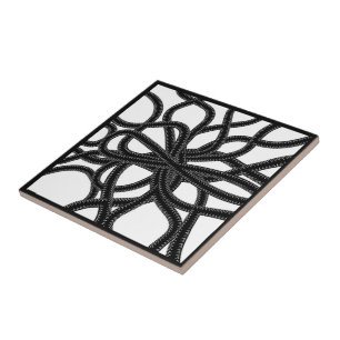 Azulejo Patrón simétrico curvo negro sobre blanco atado co