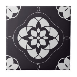 Azulejo Patrón simétrico de flor blanca en negro