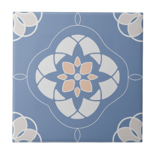 Azulejo Patrón simétrico de Naranja de flor en azul