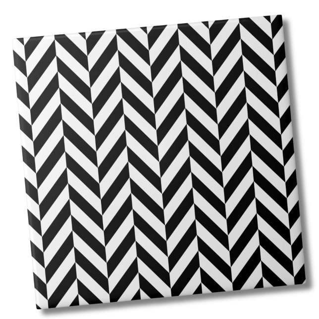 Azulejo Patrón simple de arenque blanco negro clásico (Classic Simple Black White Herringbone Pattern Ceramic Tile)