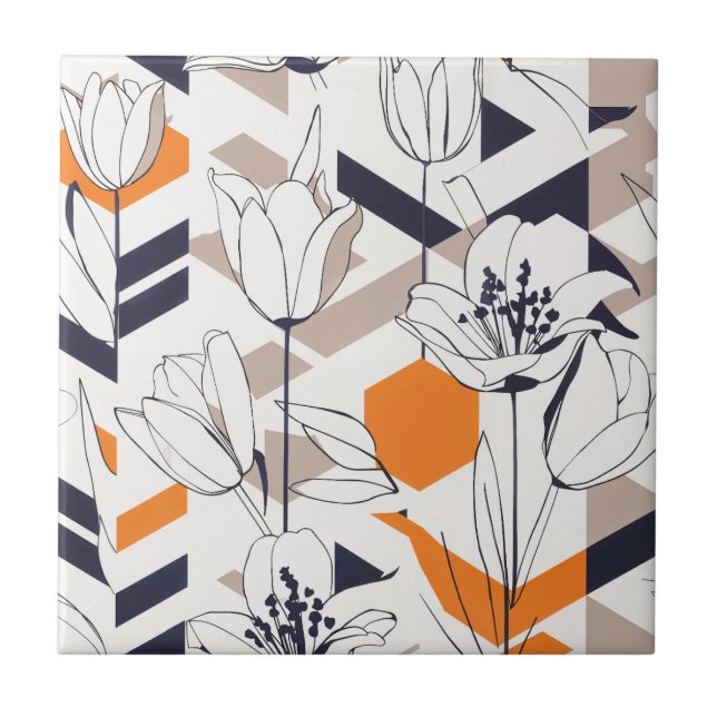 Azulejo Patrón sofisticado de tulipanes geométricos en ton (Frente)