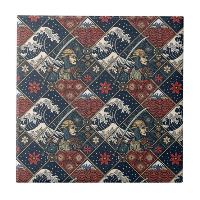 Azulejo Patrón tradicional japonés de Samurái y Gran Ola (Frente)