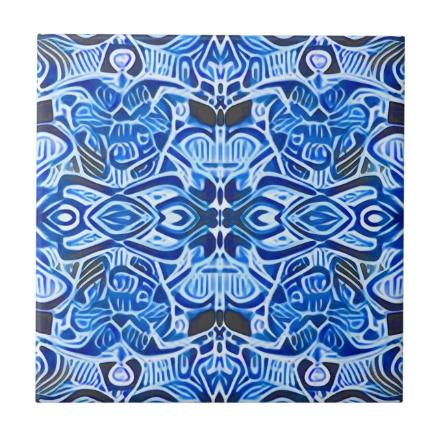 Azulejo Patrón tribal de batik en azul índigo y blanco (Frente)
