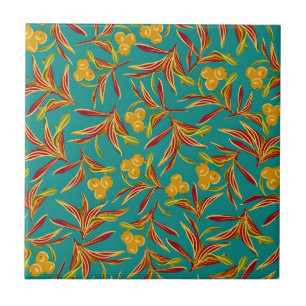 Azulejo Patrón tropical con hojas rojas y amarillas
