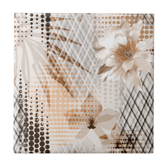 Azulejo Patrón tropical gris y beige. (Frente)