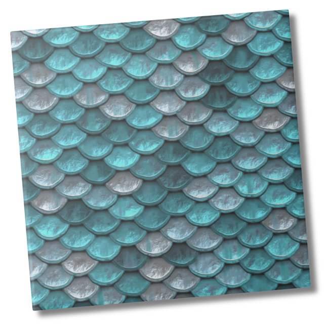 Azulejo Patrón Verde azulado metálico (Metallic Silver Light Teal Mermaid Scales Pattern Ceramic Tile)
