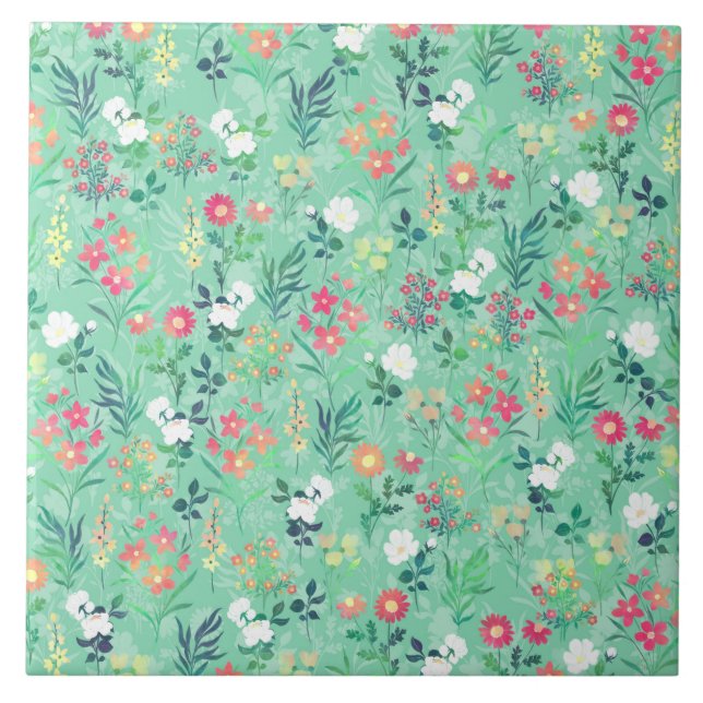 Azulejo Patrón verde botánico floral de acuarela de bonito (Frente)