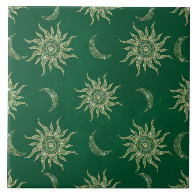 Azulejo Patrón verde de oro Moon Sun Mandala (Frente)