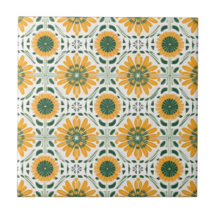 Azulejo Patrón verde retro amarillo margarita