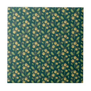 Azulejo Patrón verde vibrante con flores y hojas amarillas