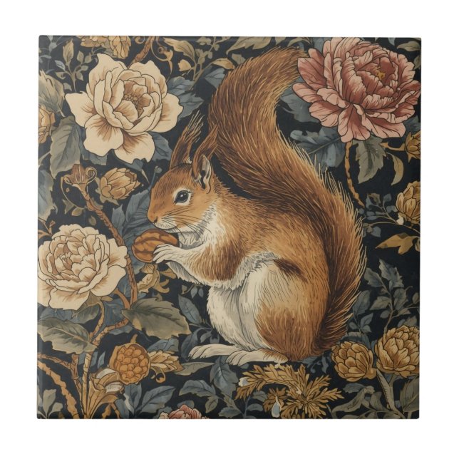 Azulejo Patrón Vintage de Ardilla y Flores (Frente)
