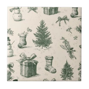 Azulejo Patrón vintage de Navidad en verde bosque y crema