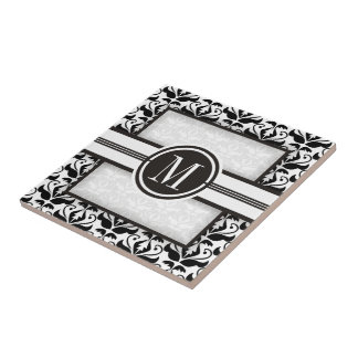 Azulejo Patrón y monograma elegantes de damasco blanco y n