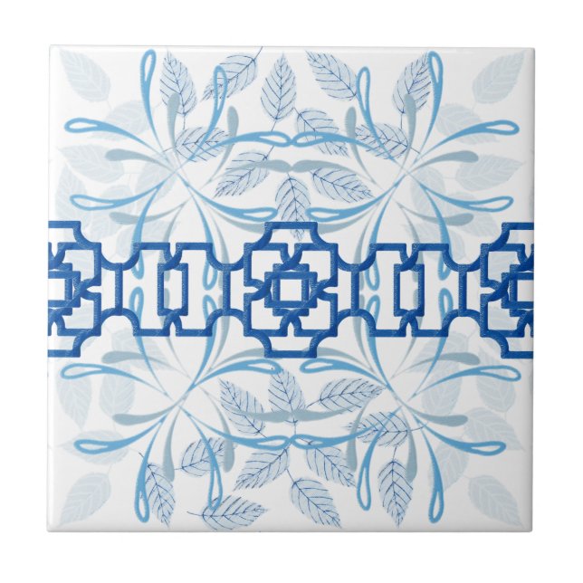 Azulejo Patrón Zen de Chinoiserie floral geométrica azul (Frente)