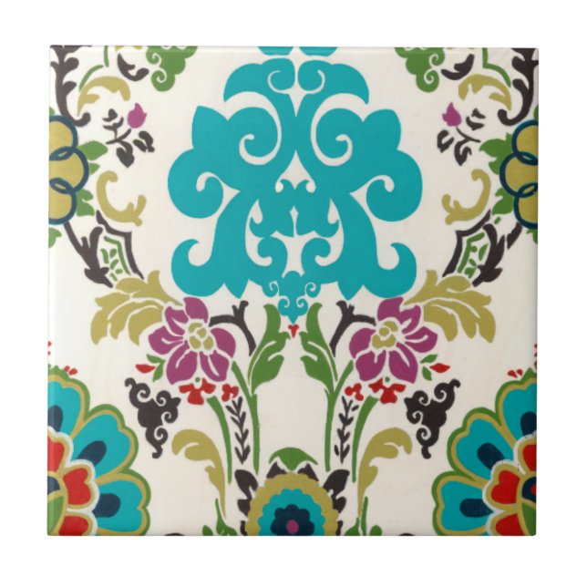 Azulejo Patrones florales Damask Plum Turquoise (Frente)