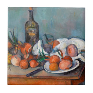 Azulejo Paul Cézanne, aún vida con cebollas y una botella