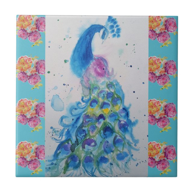 Azulejo Pavo azul acuático Aqua Cerámica Tile (Frente)