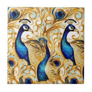 Azulejo Pavo real ave dorado azul blanco arte mural pared