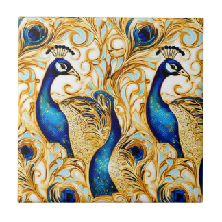 Azulejo Pavo real ave dorado azul blanco arte mural pared