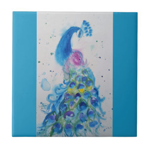 Azulejo Pavo Real Azul Acuarela Azul Verde Pájaros
