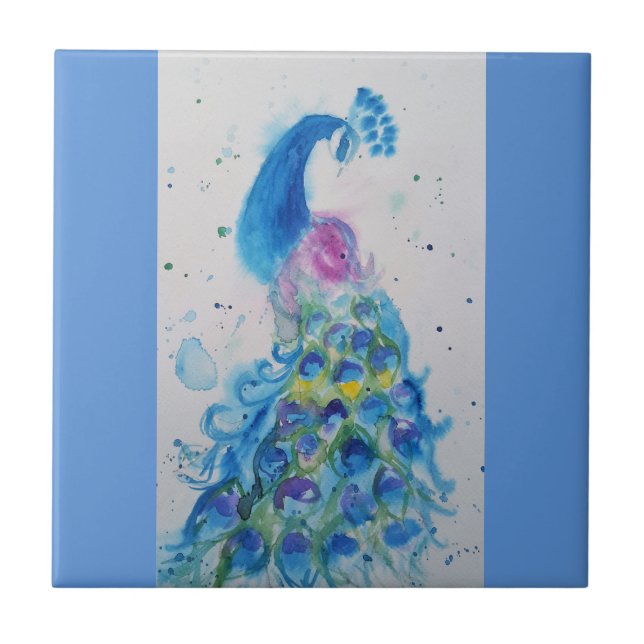 Azulejo Pavo Real Azul Acuarela Pájaro Aves (Frente)