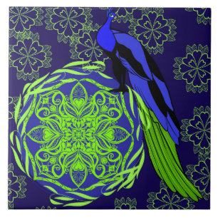 Azulejo Pavo Real Azul Elegante con Mandala Verde