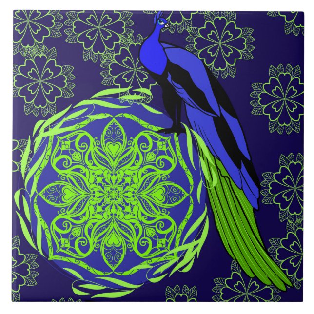 Azulejo Pavo Real Azul Elegante con Mandala Verde (Frente)