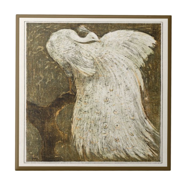 Azulejo Pavo real blanco sobre arte victoriano holandés (Frente)