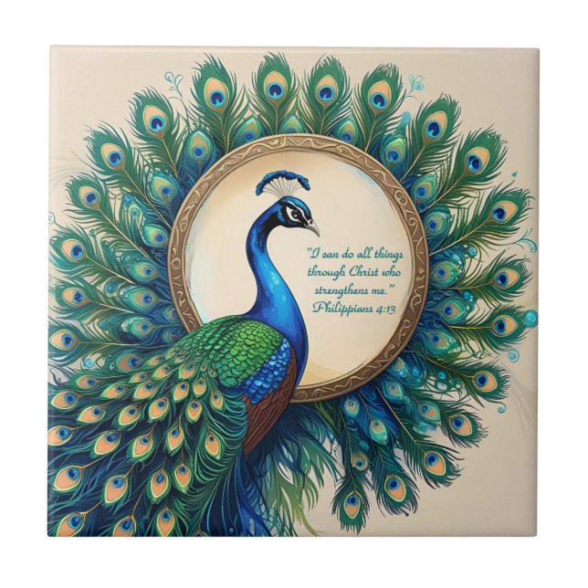 Azulejo Pavo Real Celestial Versículo de la Biblia  (Frente)
