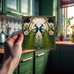 Azulejo Pavos Klimt Decoración de pared verde Arte Nouveau