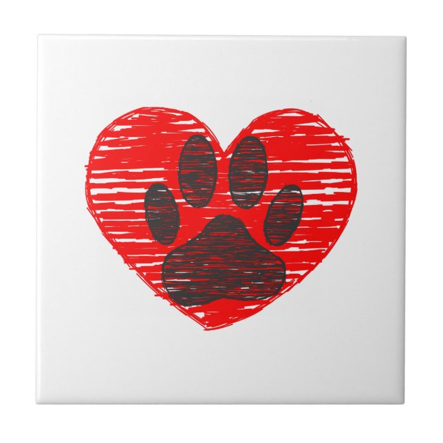 Azulejo Paw De Perro Esbozada En El Corazón Rojo (Frente)