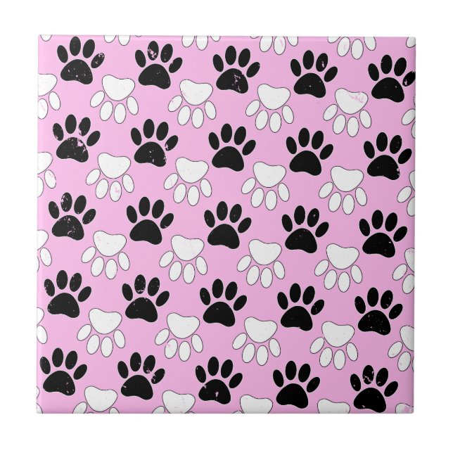 Azulejo Paws Blancos Y Negros Con Dolor En Fondo Rosa (Frente)