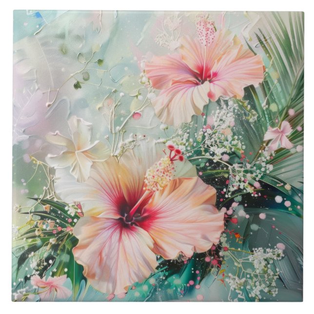 Azulejo Peach Tropical Pink Hibiscus Floral Cumpleaños (Frente)