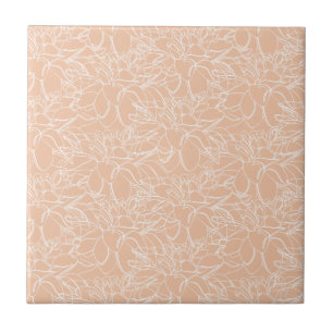 Azulejo Peach with White Floral Line Art Tile cerámico