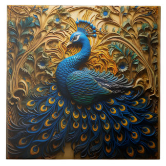 Azulejo Peacock azul y Naranja, fondo dorado