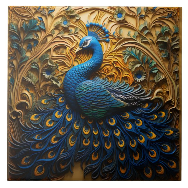 Azulejo Peacock azul y Naranja, fondo dorado (Frente)