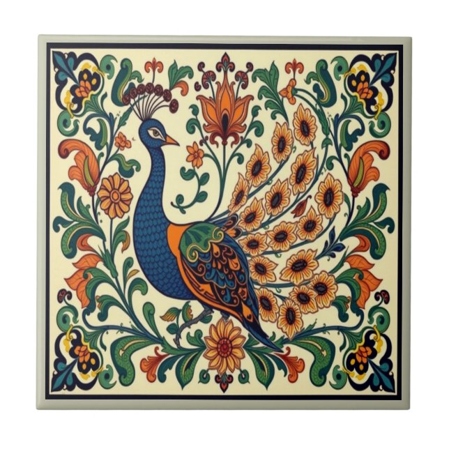 Azulejo Peacock Bird Morris Morgan Boho (Frente)
