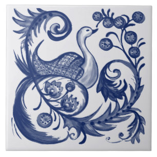 Azulejo Peacock Blue White Swirl Diseño Folclórico Vinta