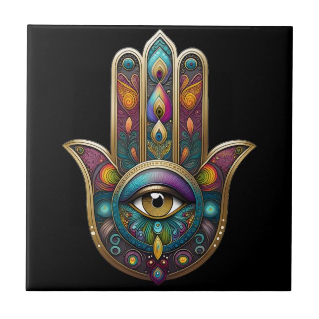 Azulejo Peacock Colors Hamsa w/ Gold Third Eye (Frente)