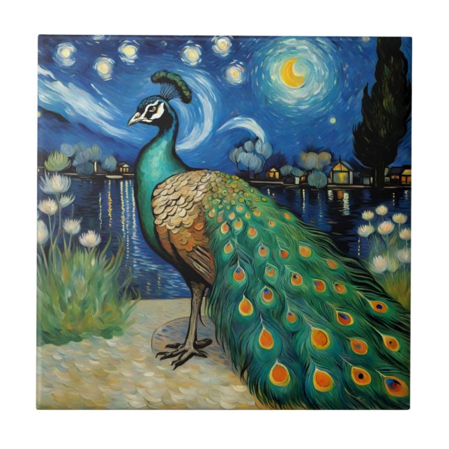 Azulejo Peacock en la noche estrellada de Van Gogh (Frente)