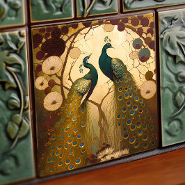 Azulejo Peacock Klimt Gold Green Wall Decoración Art Nouve