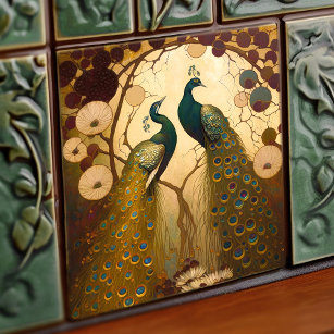 Azulejo Peacock Klimt Gold Green Wall Decoración Art Nouve