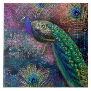 Azulejo Peacock n Feathers Elegante Purpurina de Oro Vinta
