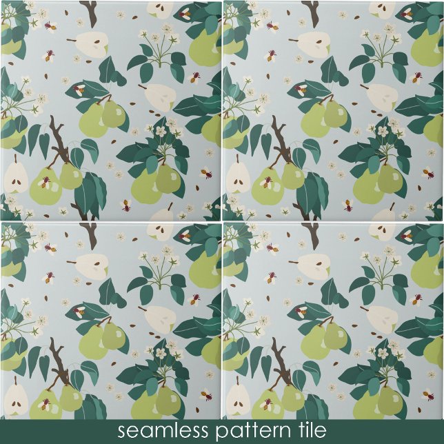 Azulejo Pears & Bees in a Botanical Floral Garden Kitchen (Pears & Bees in a Botanical Floral Garden Kitchen Ceramic Tile)